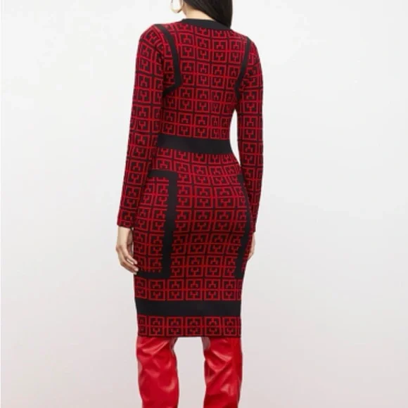 New York & Company Red and Black Long Sleeve V-Neck Knit Dress - Picture 3 of 3